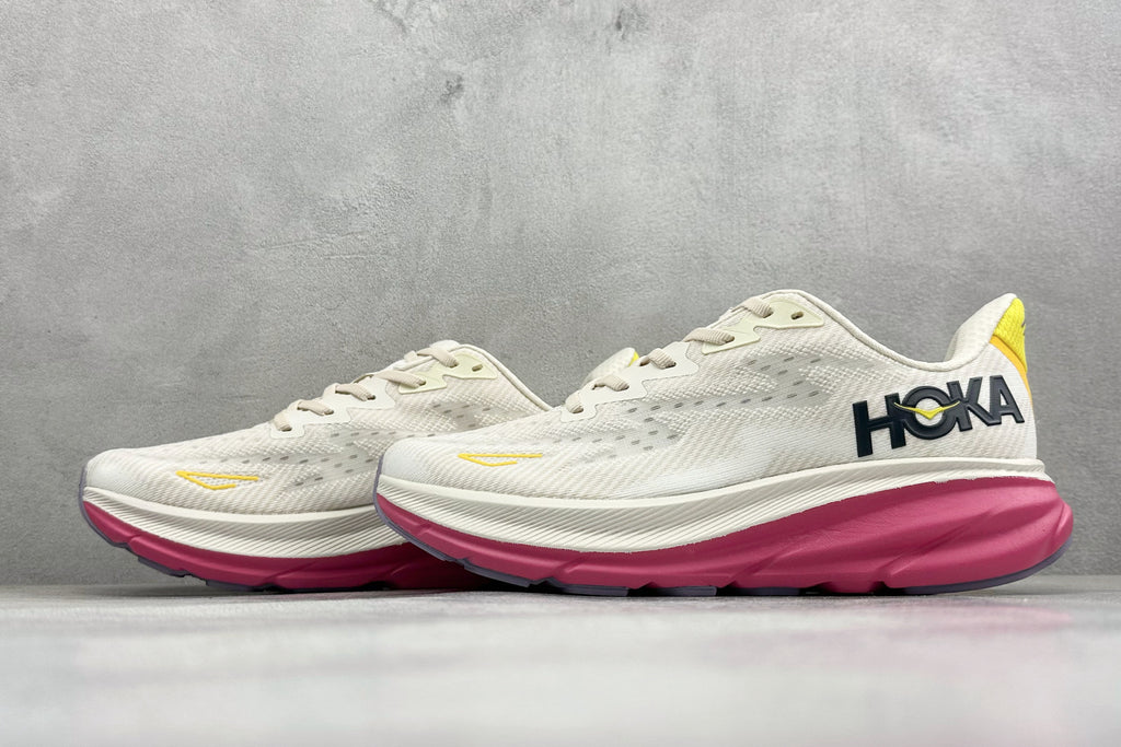 HOKA Clifton 9 Cream/Fuchsia Daily Running Trainers