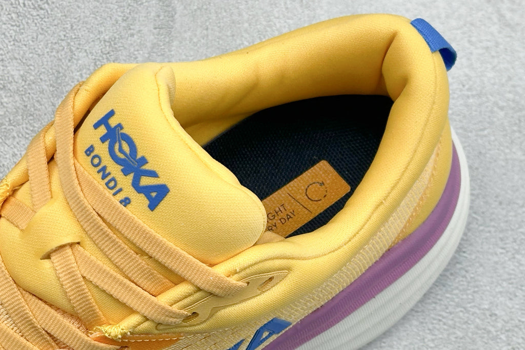 HOKA Bondi 8 Yellow Purple Gradient Blue Logo Running Shoes