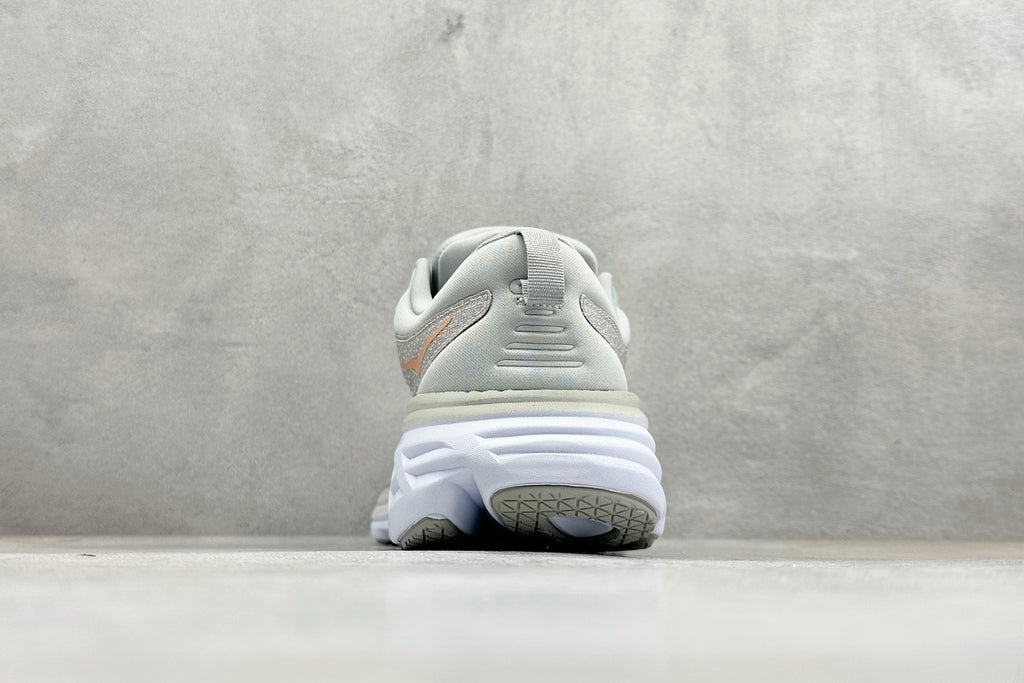 HOKA Bondi 8 Light Gray Rose Gold Logo Running Sneaker