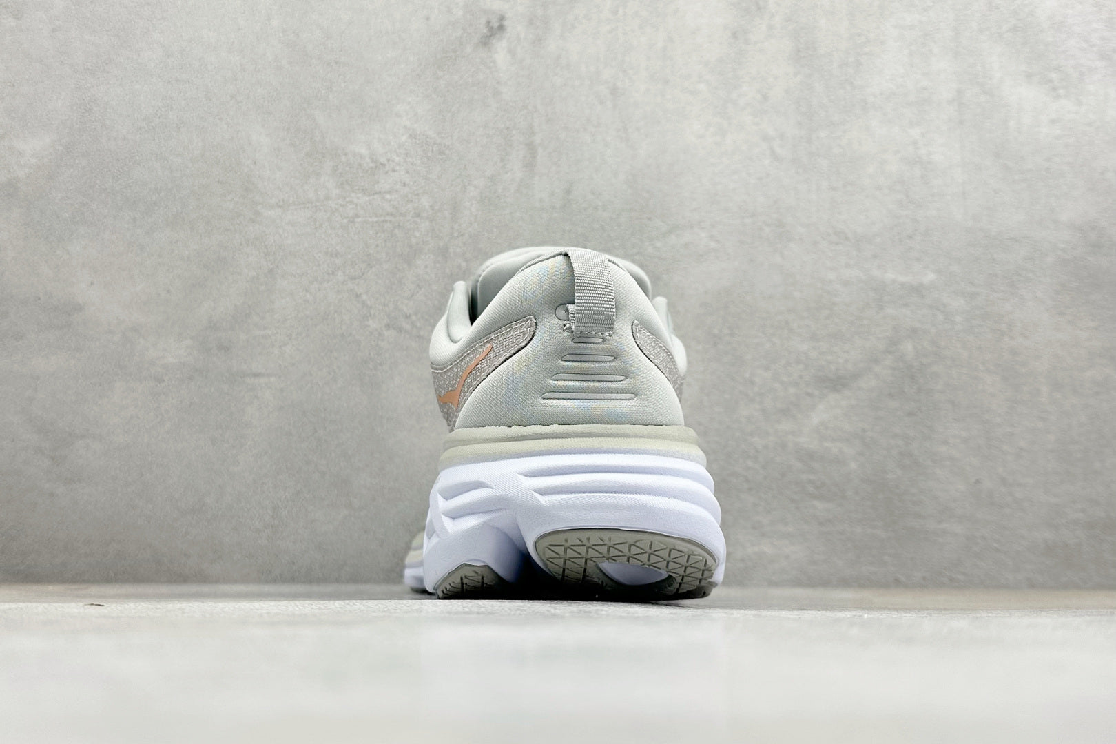 HOKA Bondi 8 Light Gray Rose Gold Logo Running Sneaker