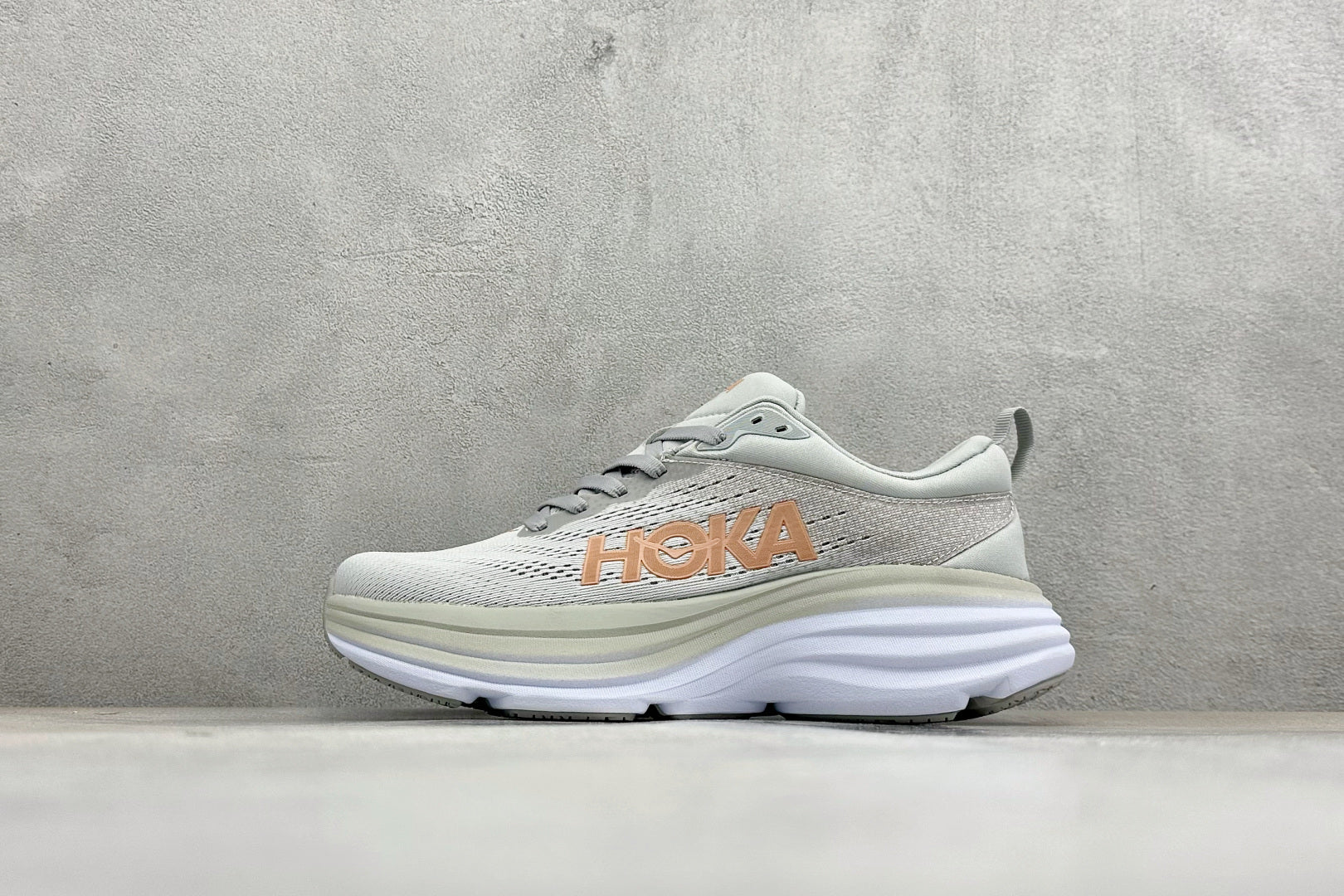 HOKA Bondi 8 Light Gray Rose Gold Logo Running Sneaker