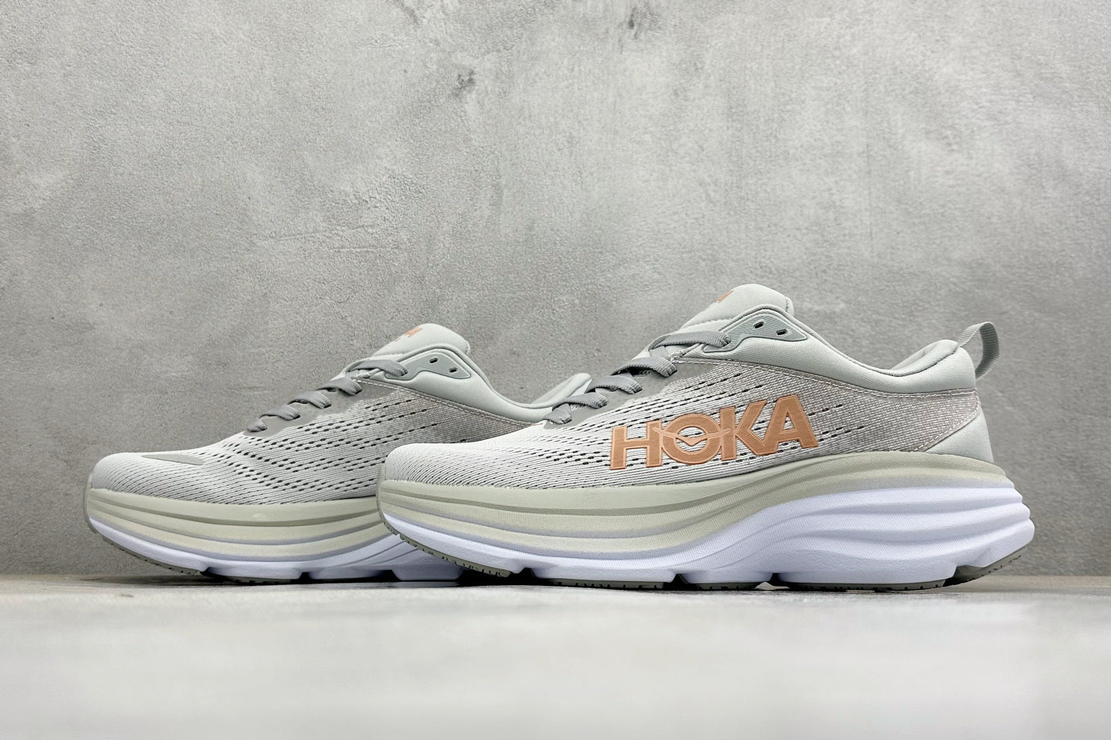 HOKA Bondi 8 Light Gray Rose Gold Logo Running Sneaker