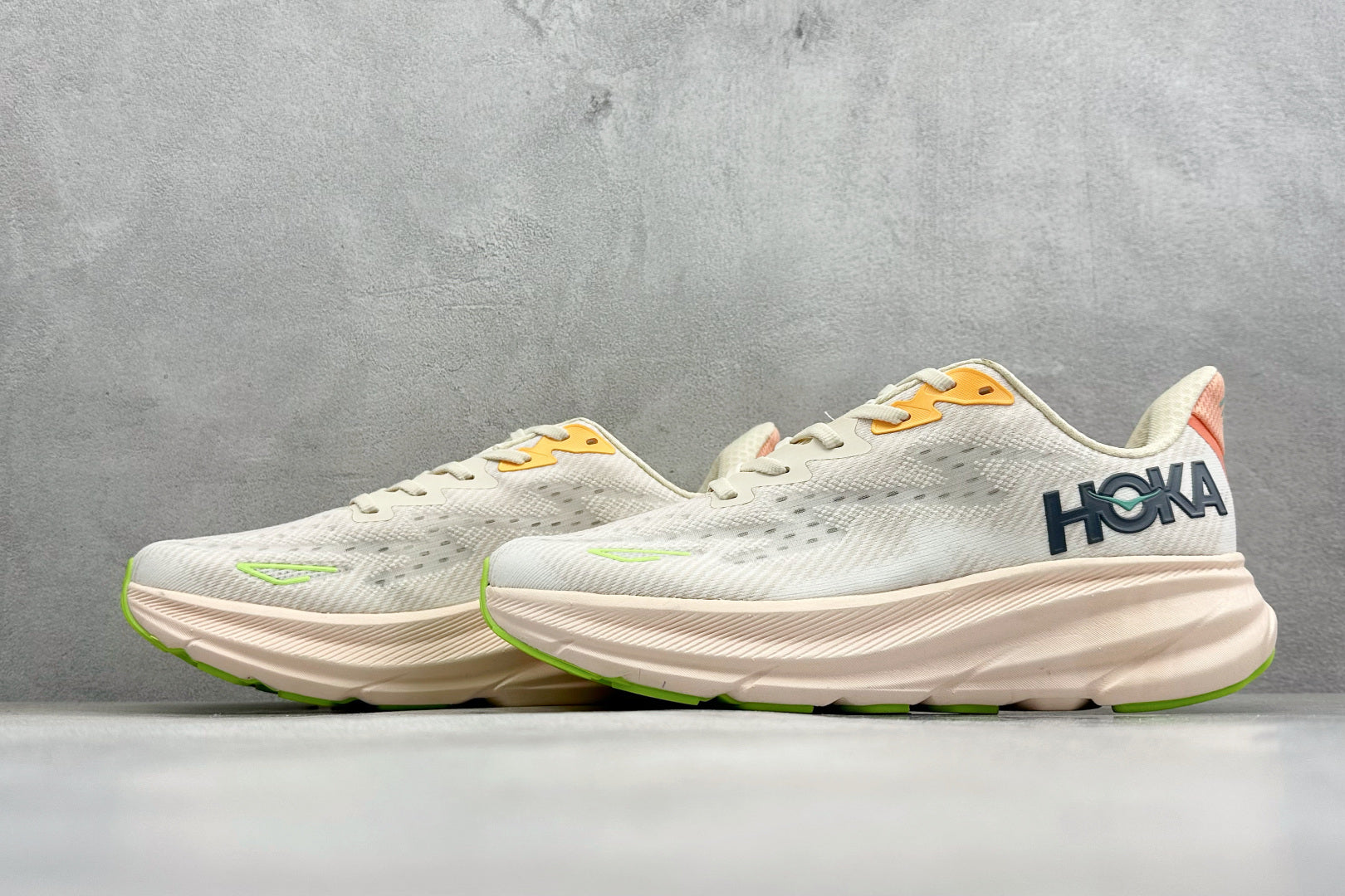 HOKA Clifton 9 Off White & Pale Peach Daily Running Trainers
