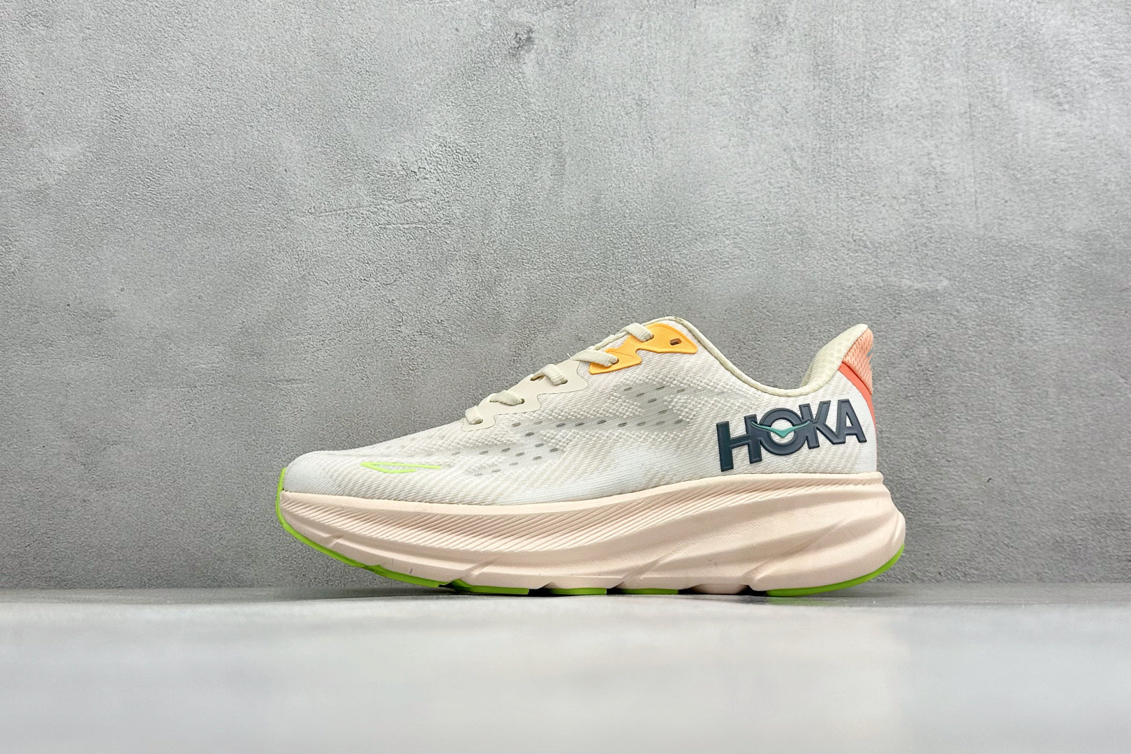 HOKA Clifton 9 Off White & Pale Peach Daily Running Trainers