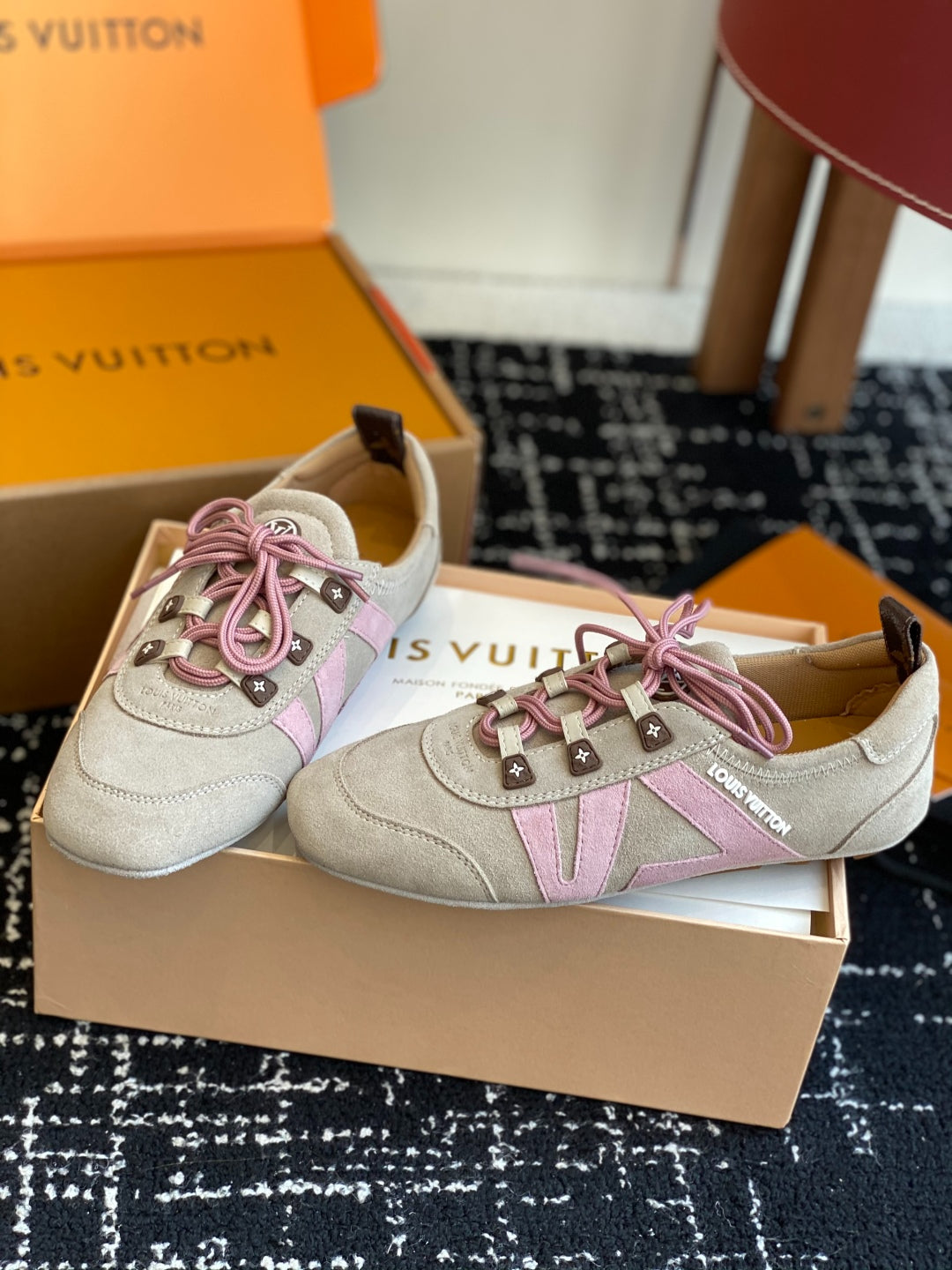 Louis Vuitton Recif Sneaker (Beige Suede with Pink Accents)
