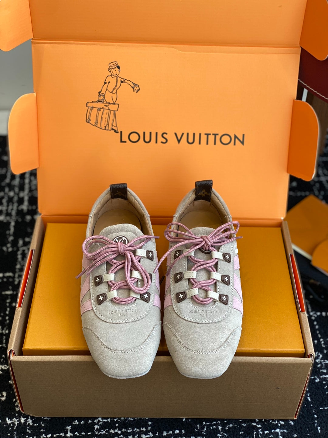 Louis Vuitton Recif Sneaker (Beige Suede with Pink Accents)