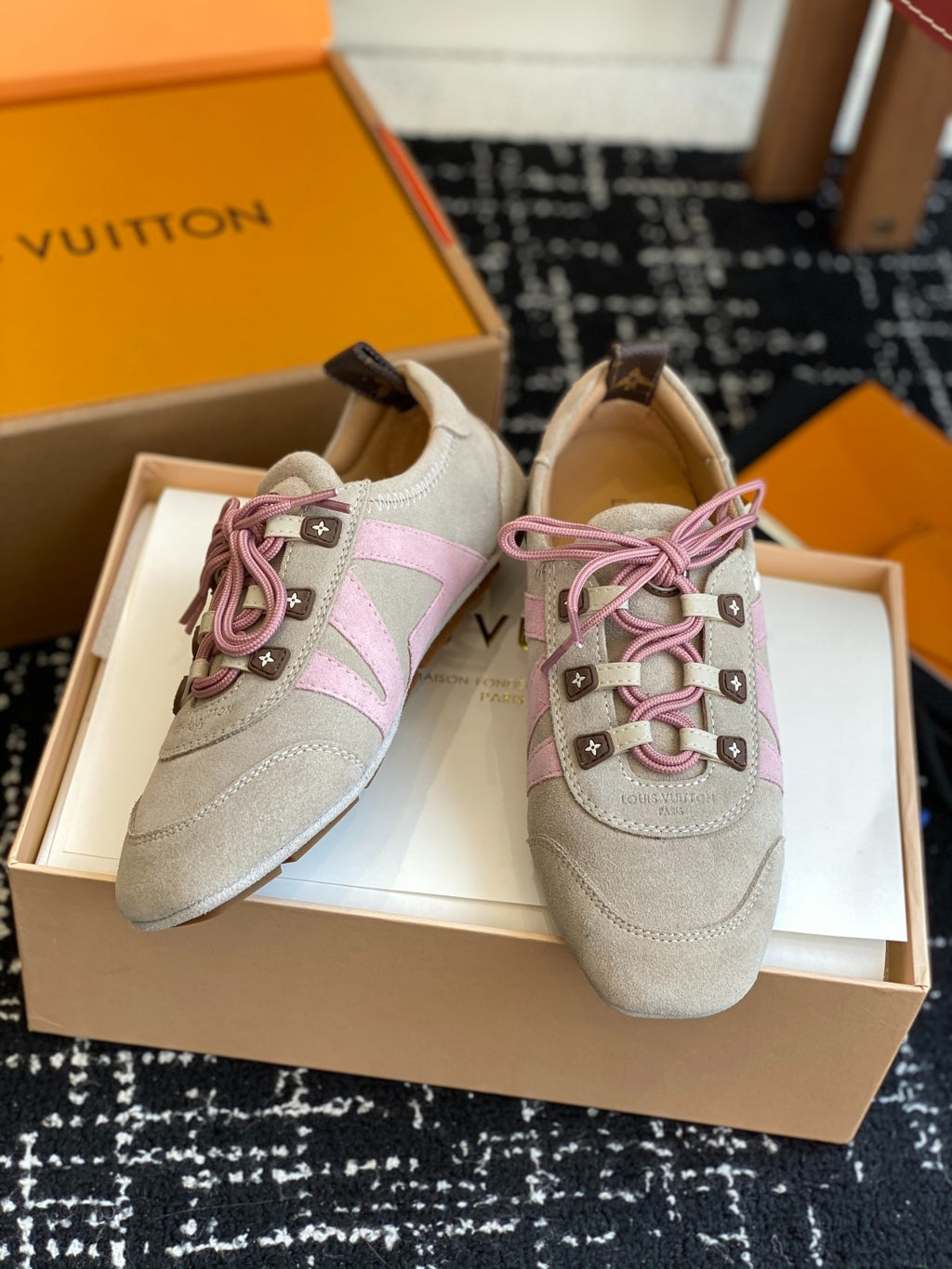 Louis Vuitton Recif Sneaker (Beige Suede with Pink Accents)