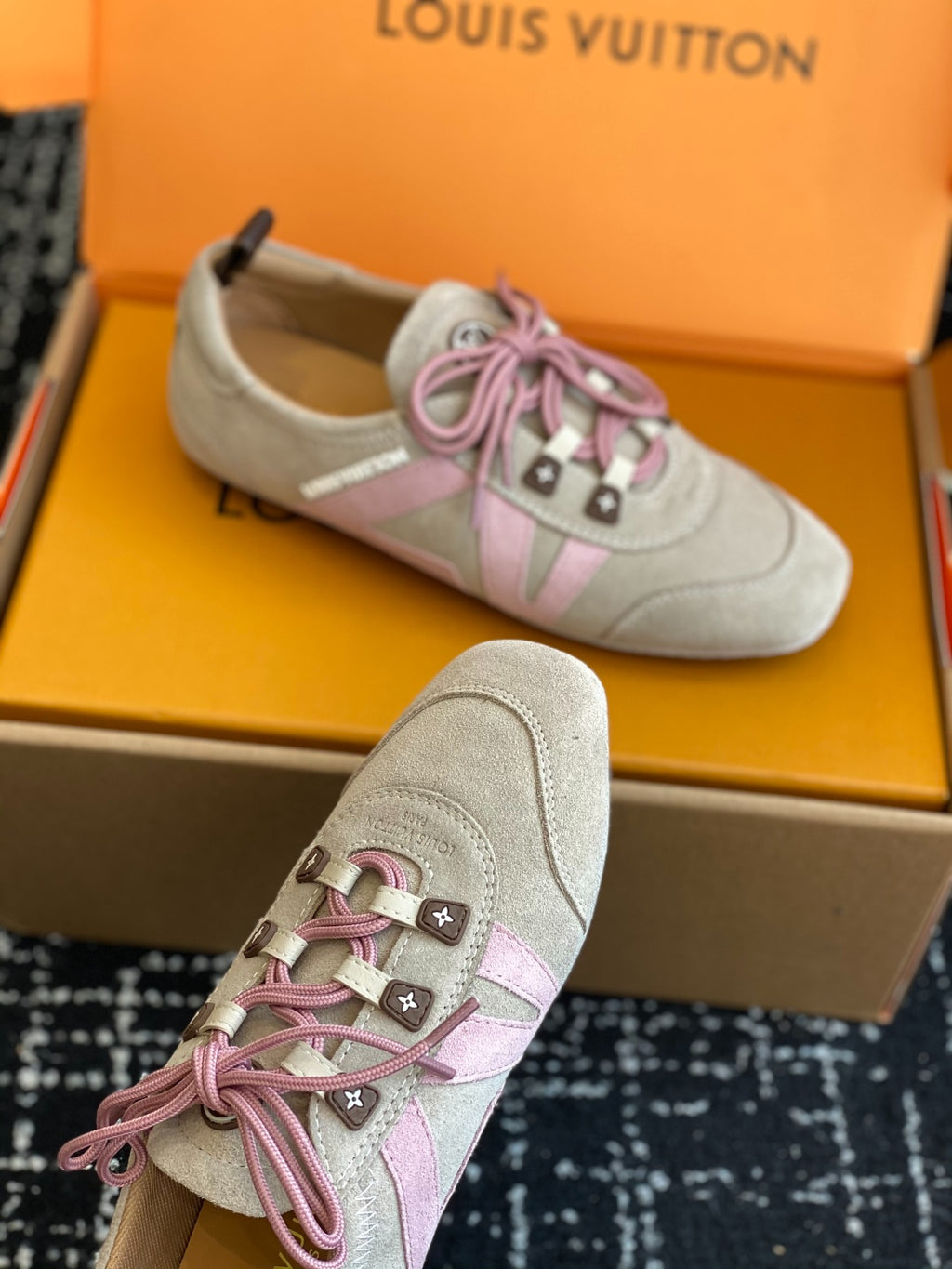 Louis Vuitton Recif Sneaker (Beige Suede with Pink Accents)