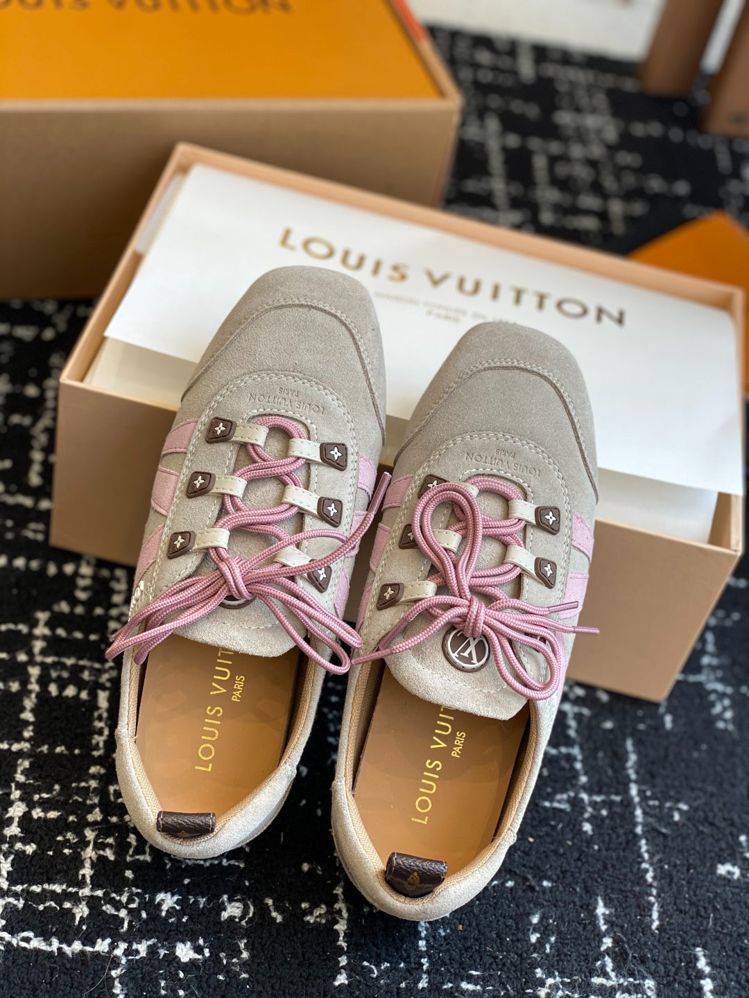 Louis Vuitton Recif Sneaker (Beige Suede with Pink Accents)