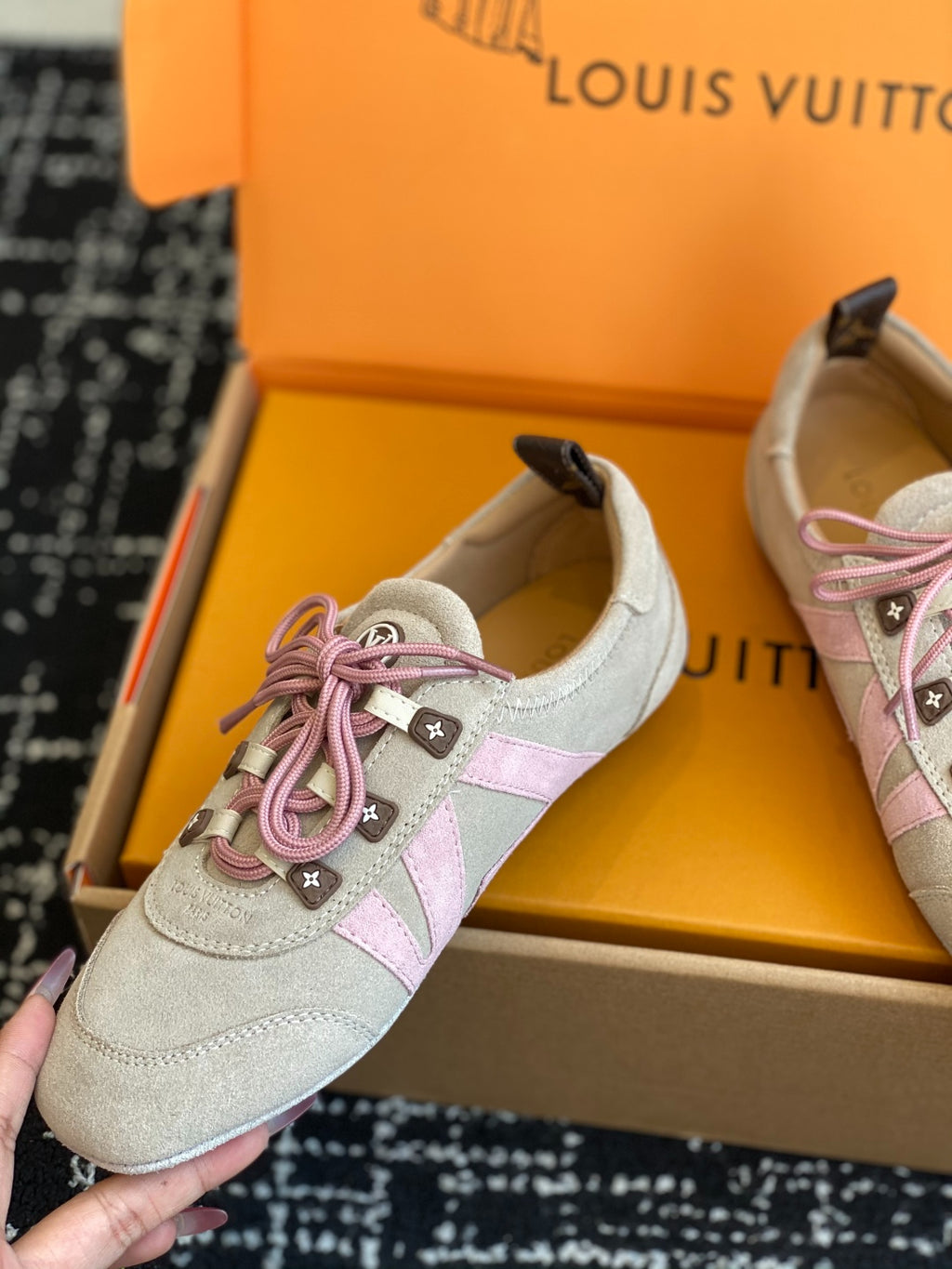 Louis Vuitton Recif Sneaker (Beige Suede with Pink Accents)