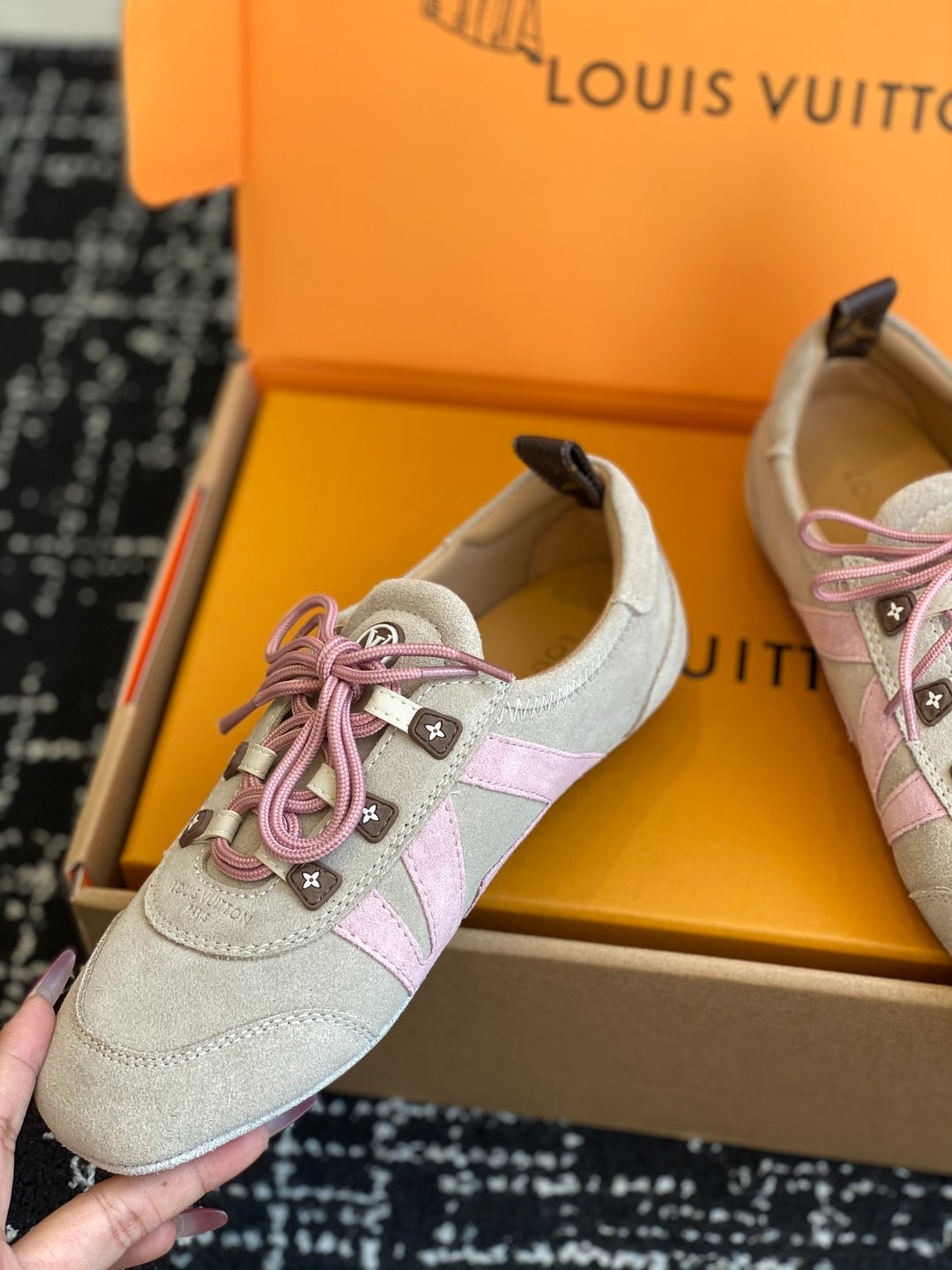Louis Vuitton Recif Sneaker (Beige Suede with Pink Accents)