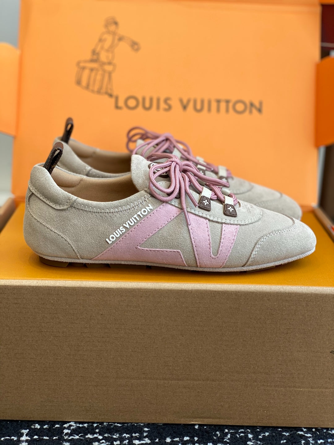 Louis Vuitton Recif Sneaker (Beige Suede with Pink Accents)