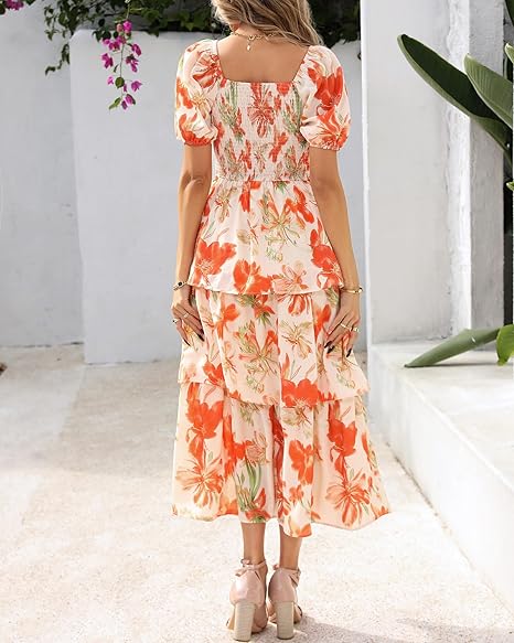 ⏰Summer Hot Sale 50% OFF💃Women's Floral Square Neck Puff Short Sleeve Smocked Tiered Dress