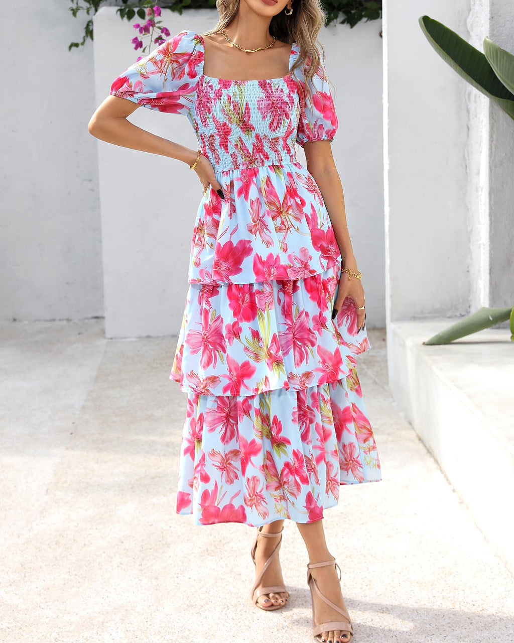 ⏰Summer Hot Sale 50% OFF💃Women's Floral Square Neck Puff Short Sleeve Smocked Tiered Dress