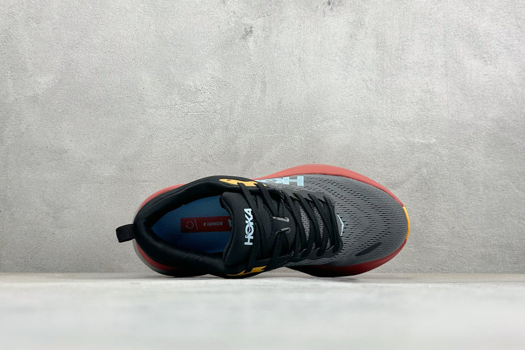 HOKA Bondi 8 Charcoal Red Orange Running Sneaker