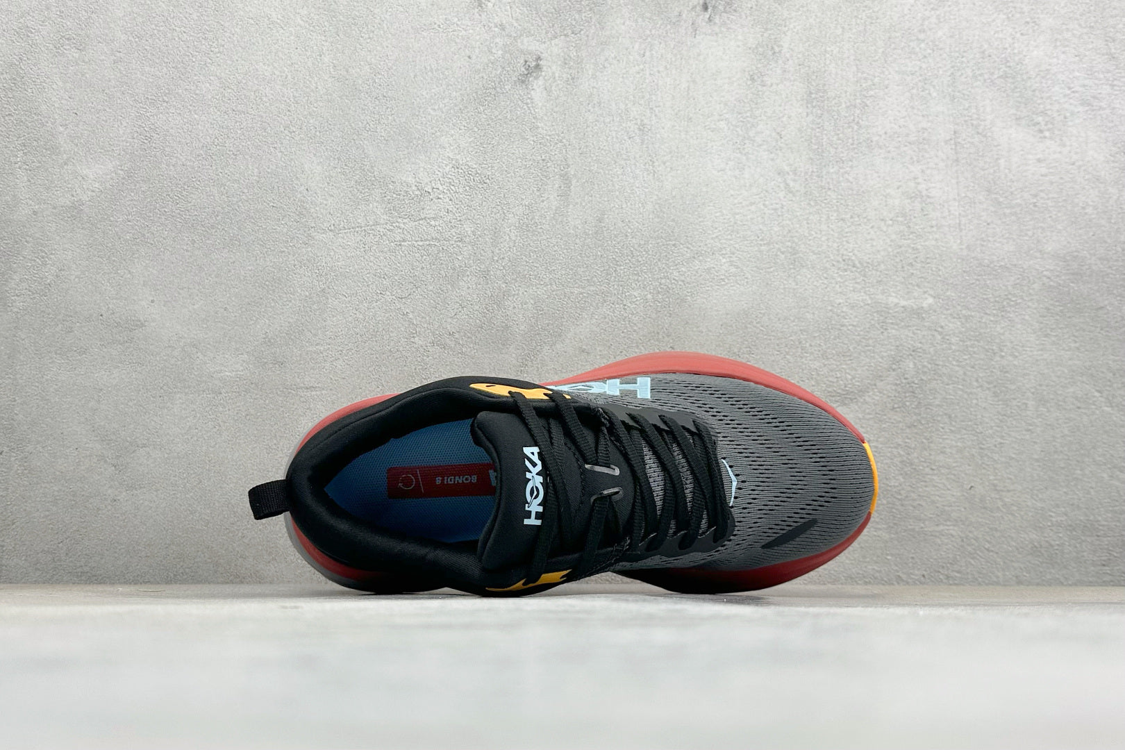 HOKA Bondi 8 Charcoal Red Orange Running Sneaker