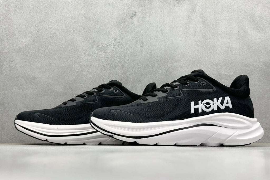 HOKA Clifton 10 Black White Cushioned Road Running Sneakers