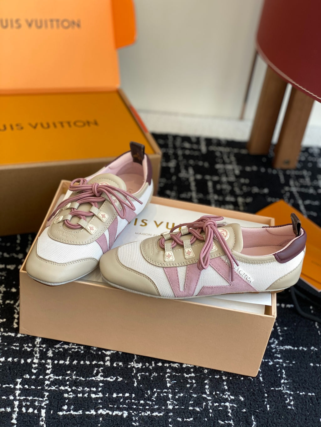 Louis Vuitton Recif Sneaker (Beige Mesh & Leather with Pink Accents)
