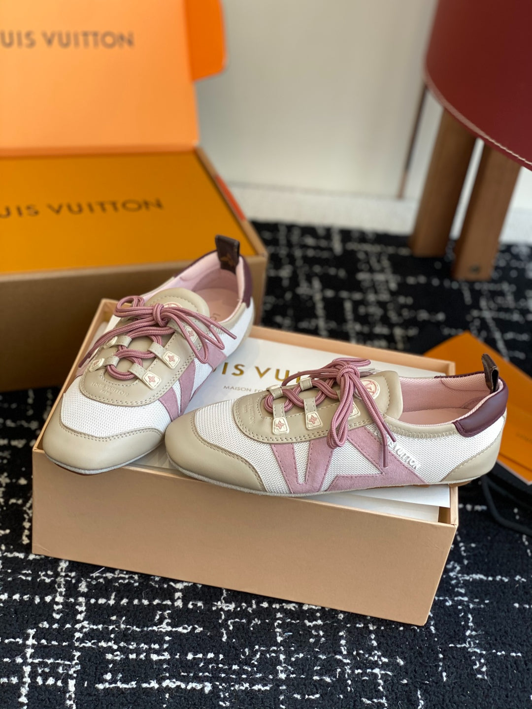 Louis Vuitton Recif Sneaker (Beige Mesh & Leather with Pink Accents)