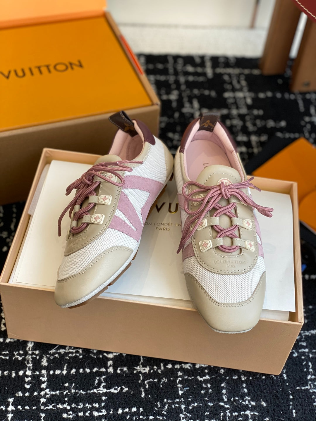 Louis Vuitton Recif Sneaker (Beige Mesh & Leather with Pink Accents)