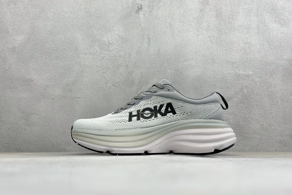 HOKA Bondi 8 White Grey Black Logo Running Sneaker