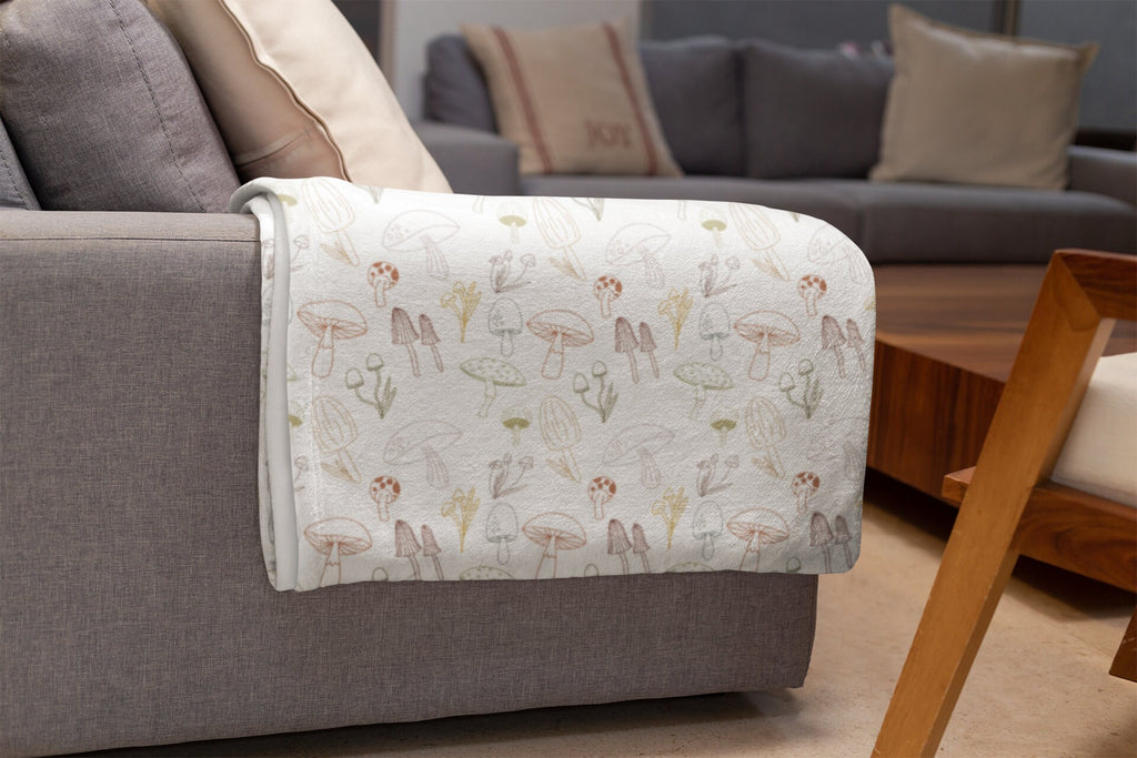 Neutral Mushroom Plush Blanket | Toadstool Woodland Theme Cozy Velveteen Throw Blanket | Living Room, Bedroom, Teen, Kids, Dorm Room Gift