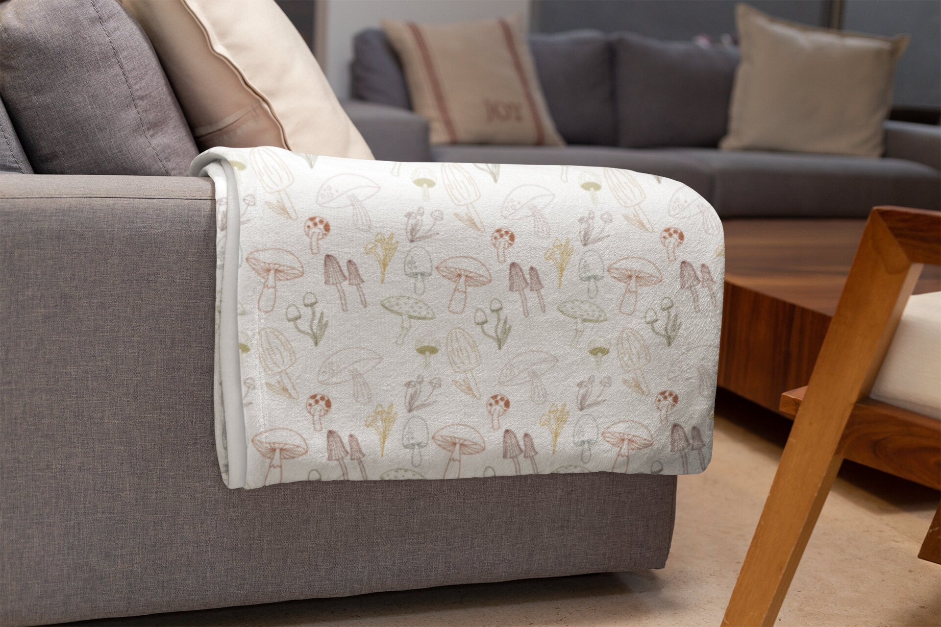 Neutral Mushroom Plush Blanket | Toadstool Woodland Theme Cozy Velveteen Throw Blanket | Living Room, Bedroom, Teen, Kids, Dorm Room Gift