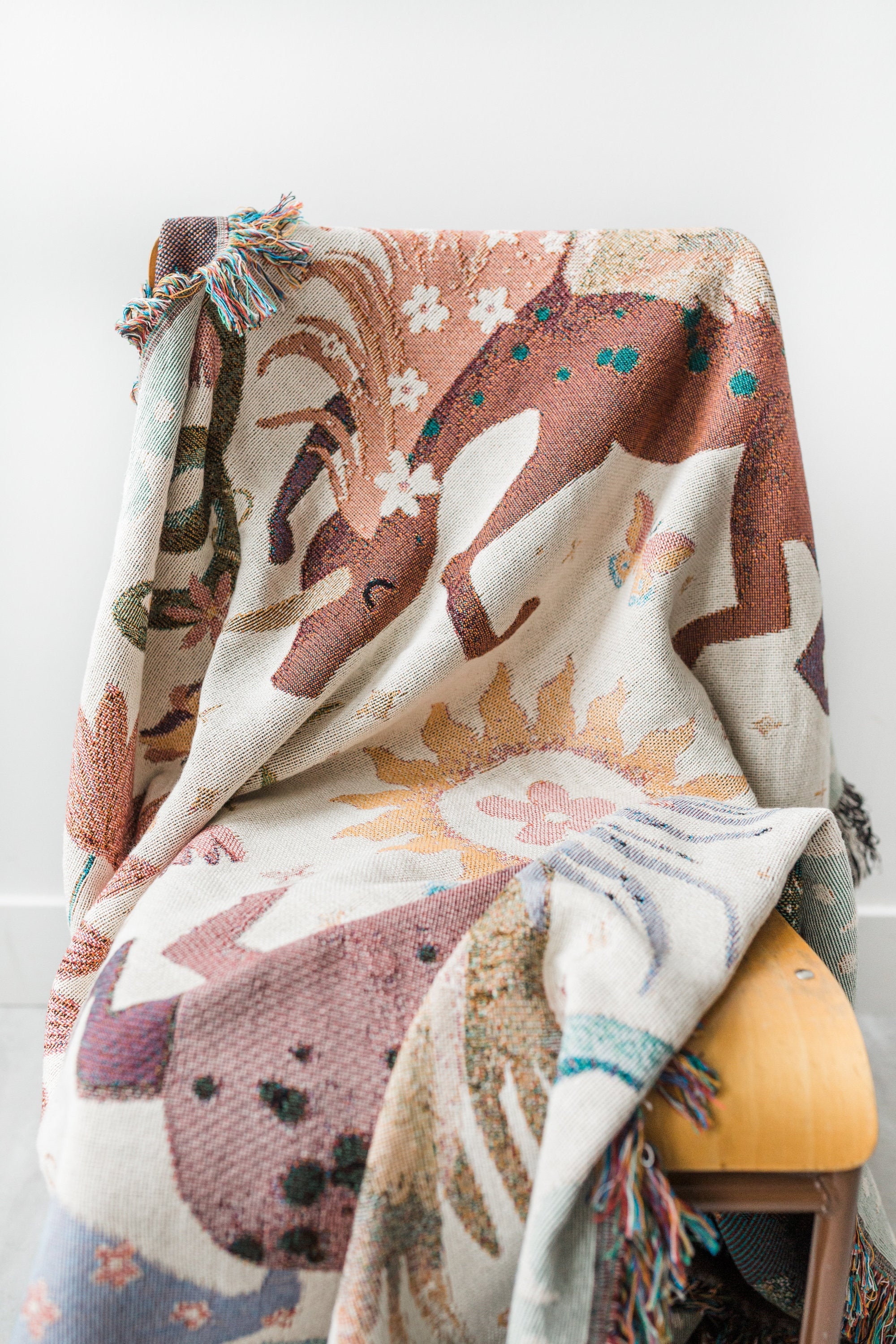 Unicorn Day Throw Blanket: Woven Cotton Throw, Purple Pink Kids Bedding, Sun Floral Blanket, Pegasus Horse Home Decor Gift, Unique Whimsical