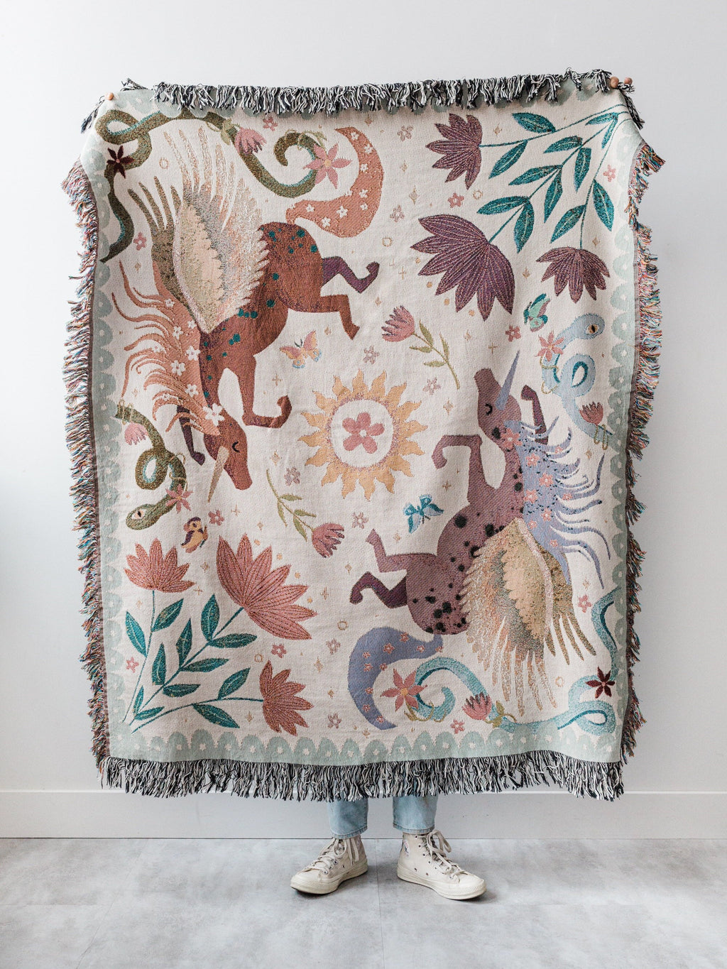 Unicorn Day Throw Blanket: Woven Cotton Throw, Purple Pink Kids Bedding, Sun Floral Blanket, Pegasus Horse Home Decor Gift, Unique Whimsical