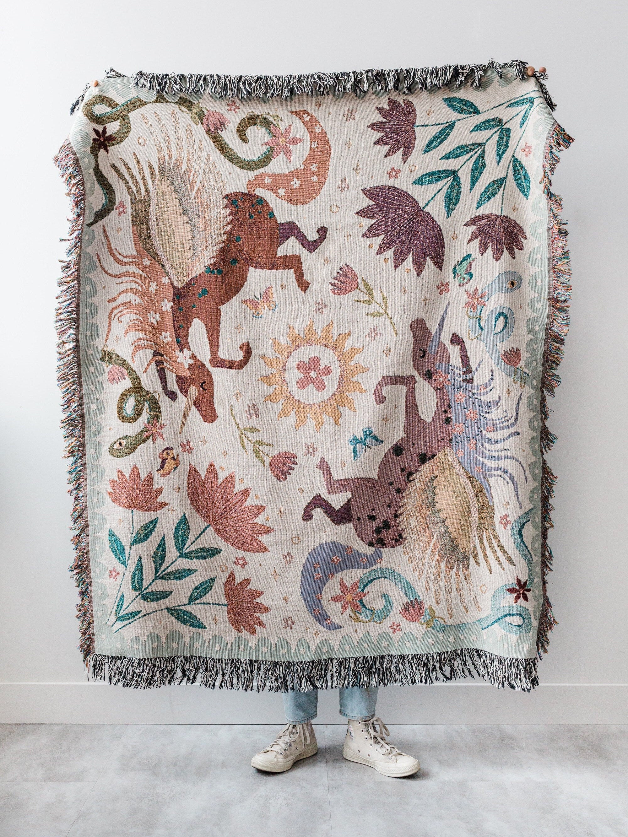 Unicorn Day Throw Blanket: Woven Cotton Throw, Purple Pink Kids Bedding, Sun Floral Blanket, Pegasus Horse Home Decor Gift, Unique Whimsical
