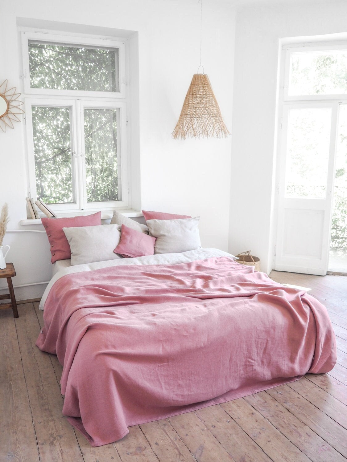 Dusty Pink Stonewashed Linen Blanket, Heavyweight Bedspread