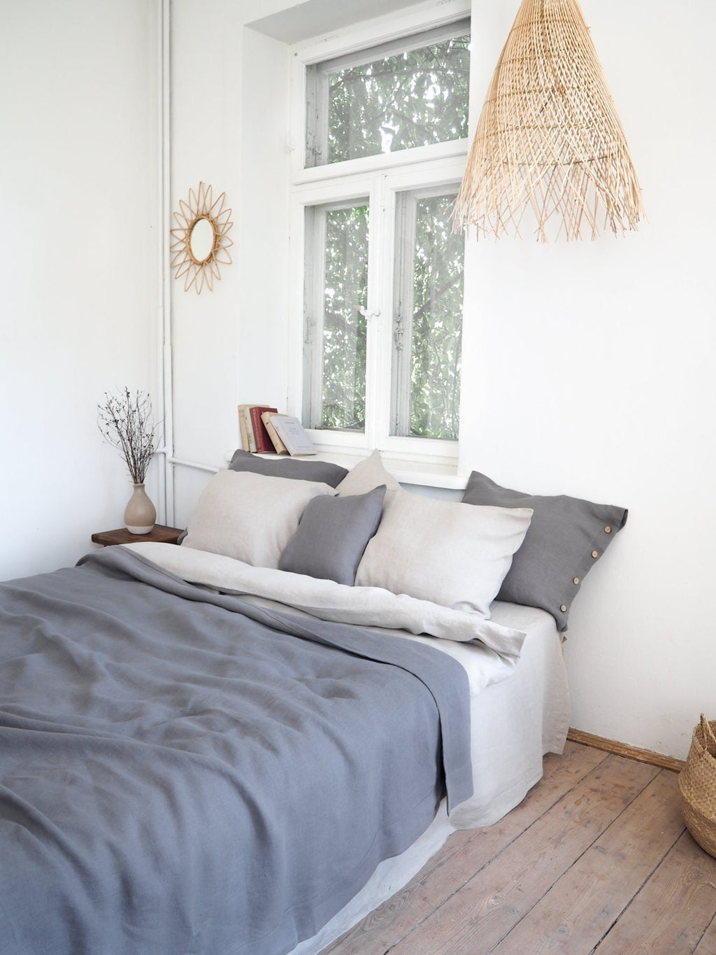True Gray Linen Blanket, Stonewashed Heavy Linen Coverlet, King/Queen