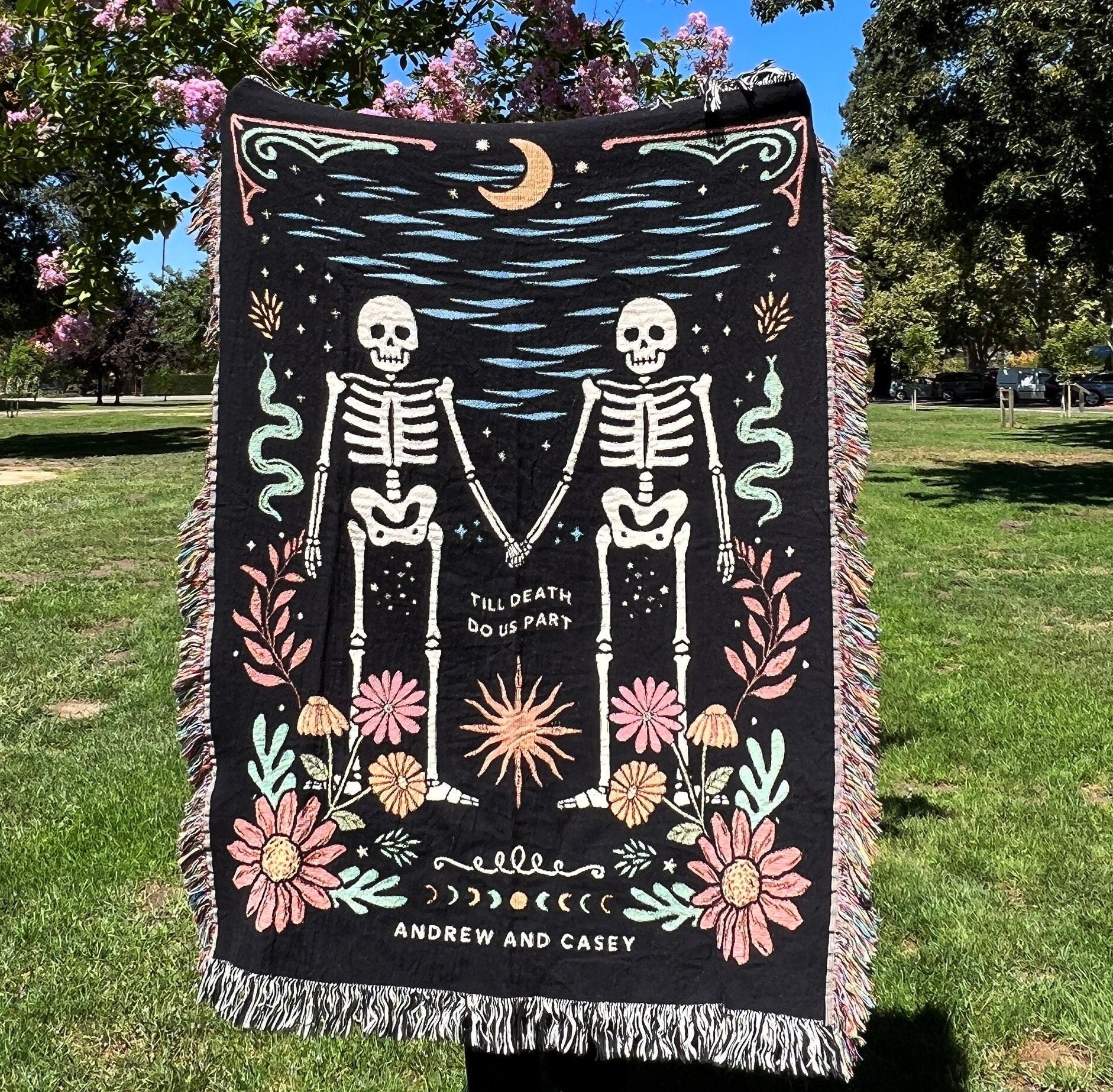 New Custom Couple Personalized Skeleton Woven Blanket For Couples Custom Goth Spooky Halloween Gifts Skeletons