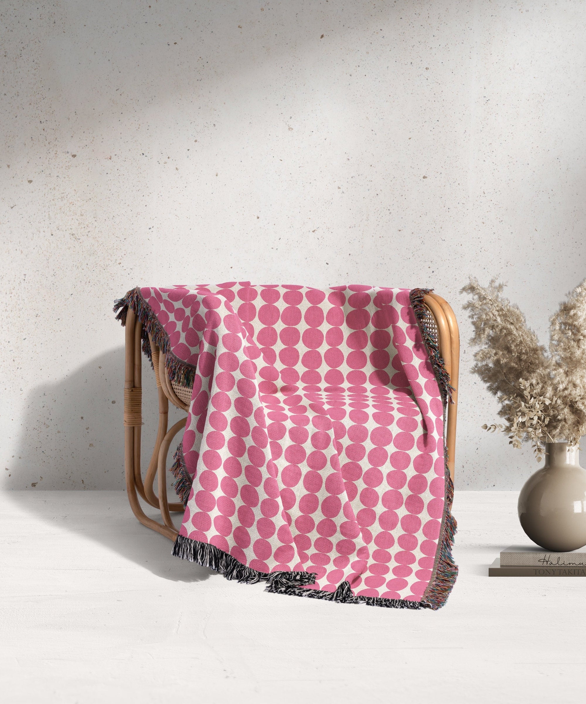 Pink Cotton Woven Throw Blanket: Mid-Century Modern Sofa Blanket