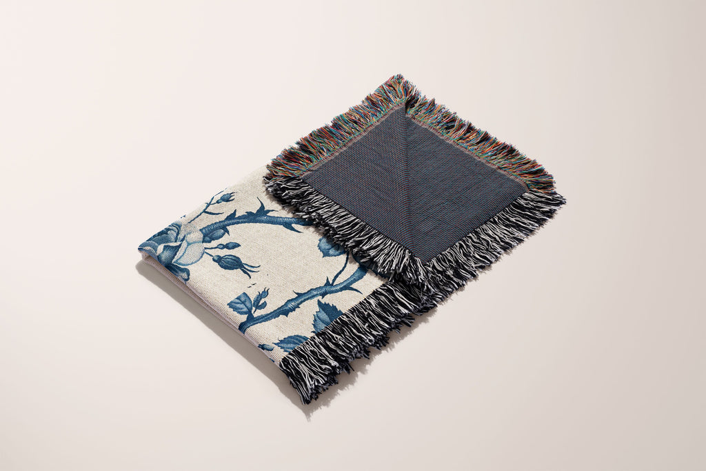 Blue Toile Throw Blanket Blue White Chinoiserie Floral Bedding Gift for Mom Wife Grandmother Traditional French Country Rococo Aesthetic