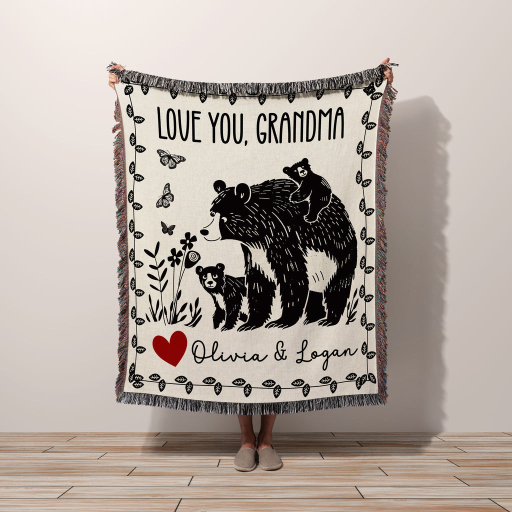 Personalized Mama Bear Cub Blanket, Floral Butterfly Tapestry