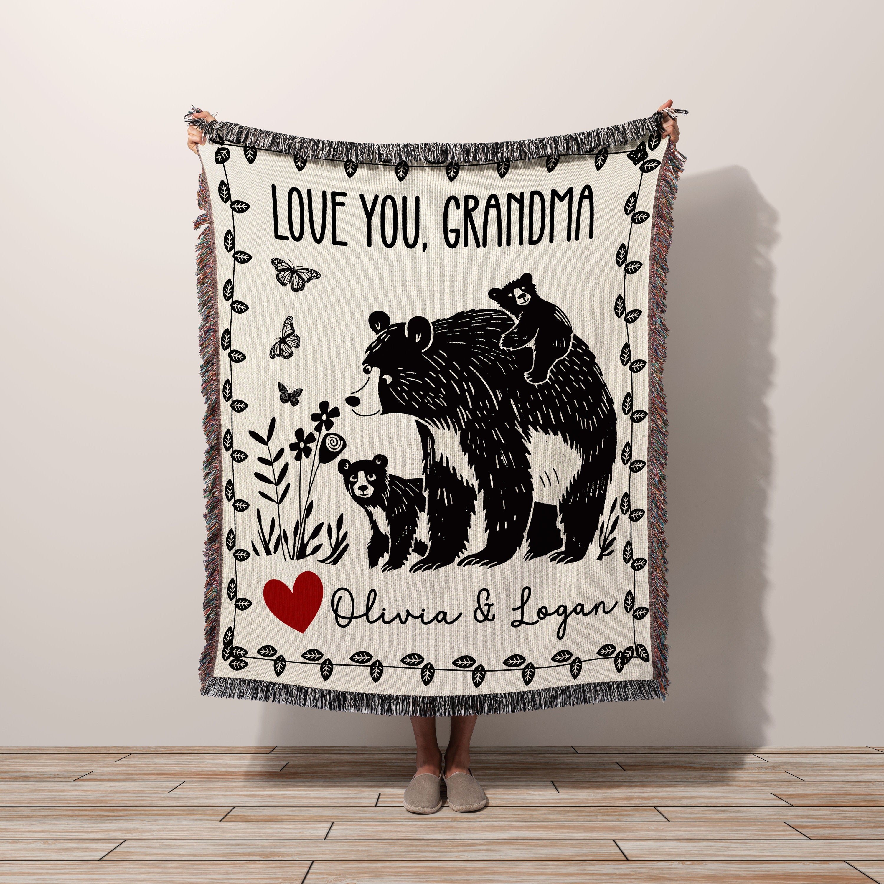 Personalized Mama Bear Cub Blanket, Floral Butterfly Tapestry