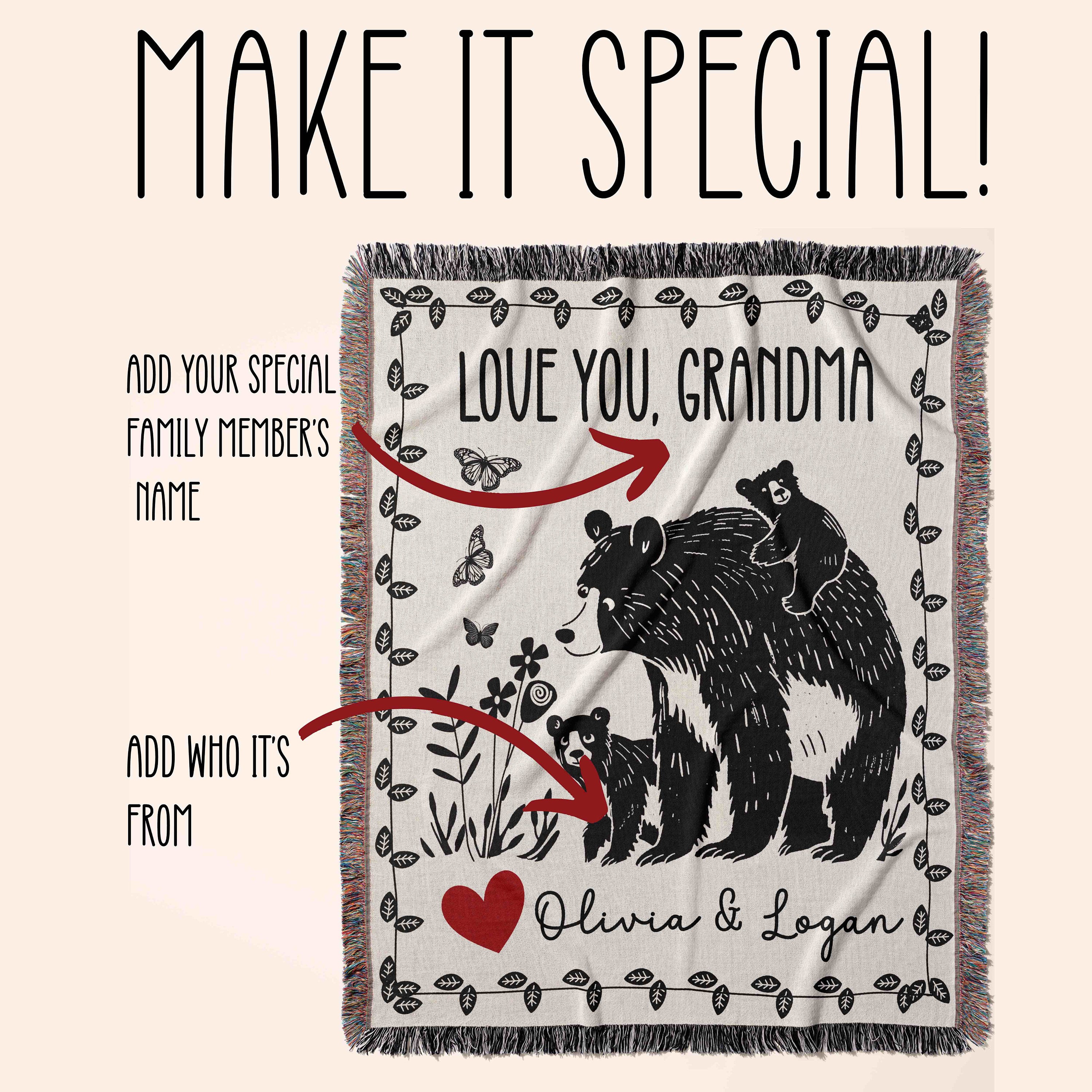 Personalized Mama Bear Cub Blanket, Floral Butterfly Tapestry