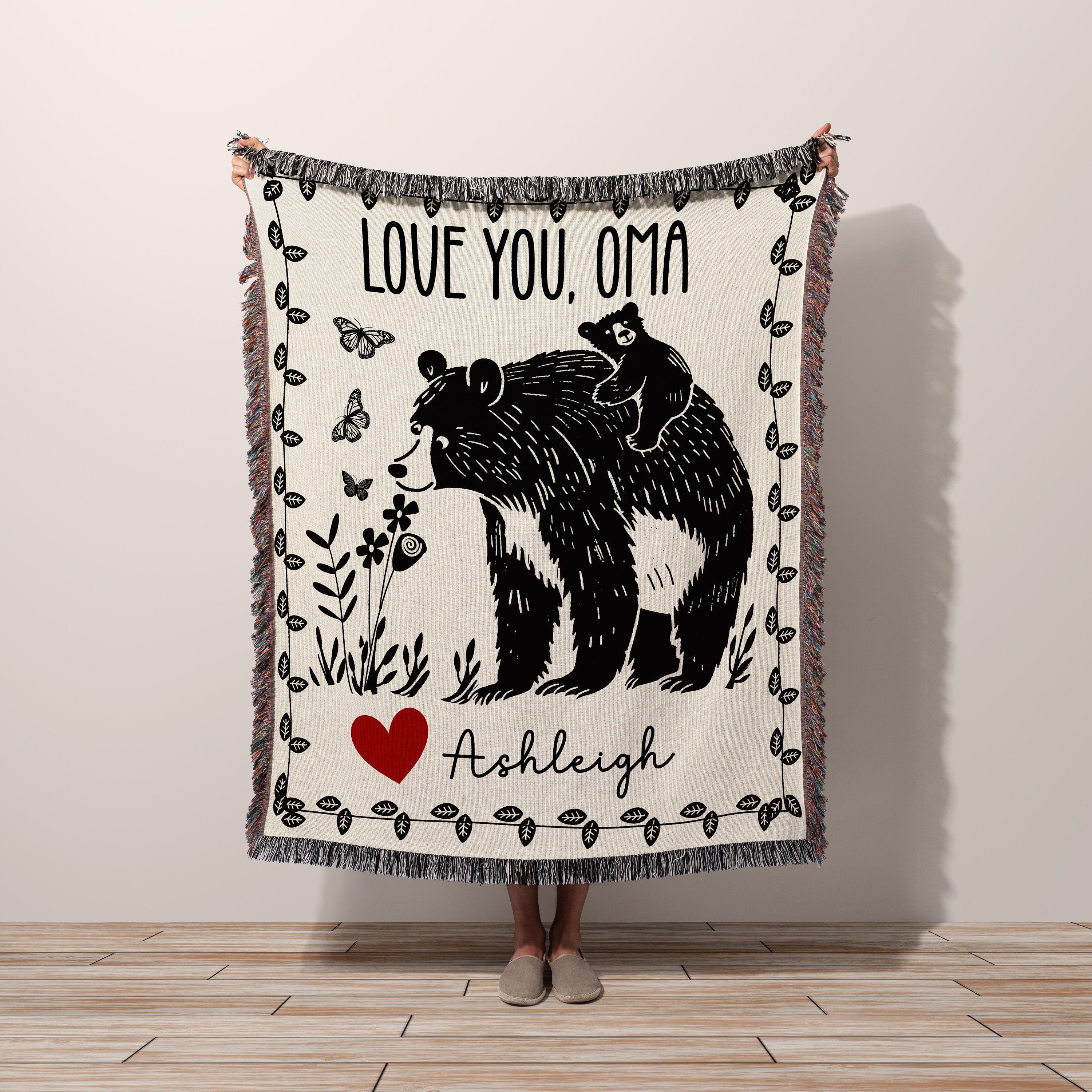 Personalized Mama Bear Cub Blanket, Floral Butterfly Tapestry