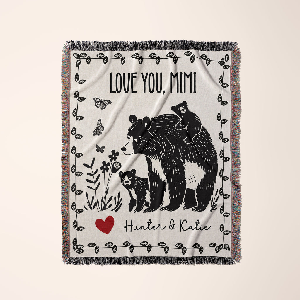 Personalized Mama Bear Cub Blanket, Floral Butterfly Tapestry