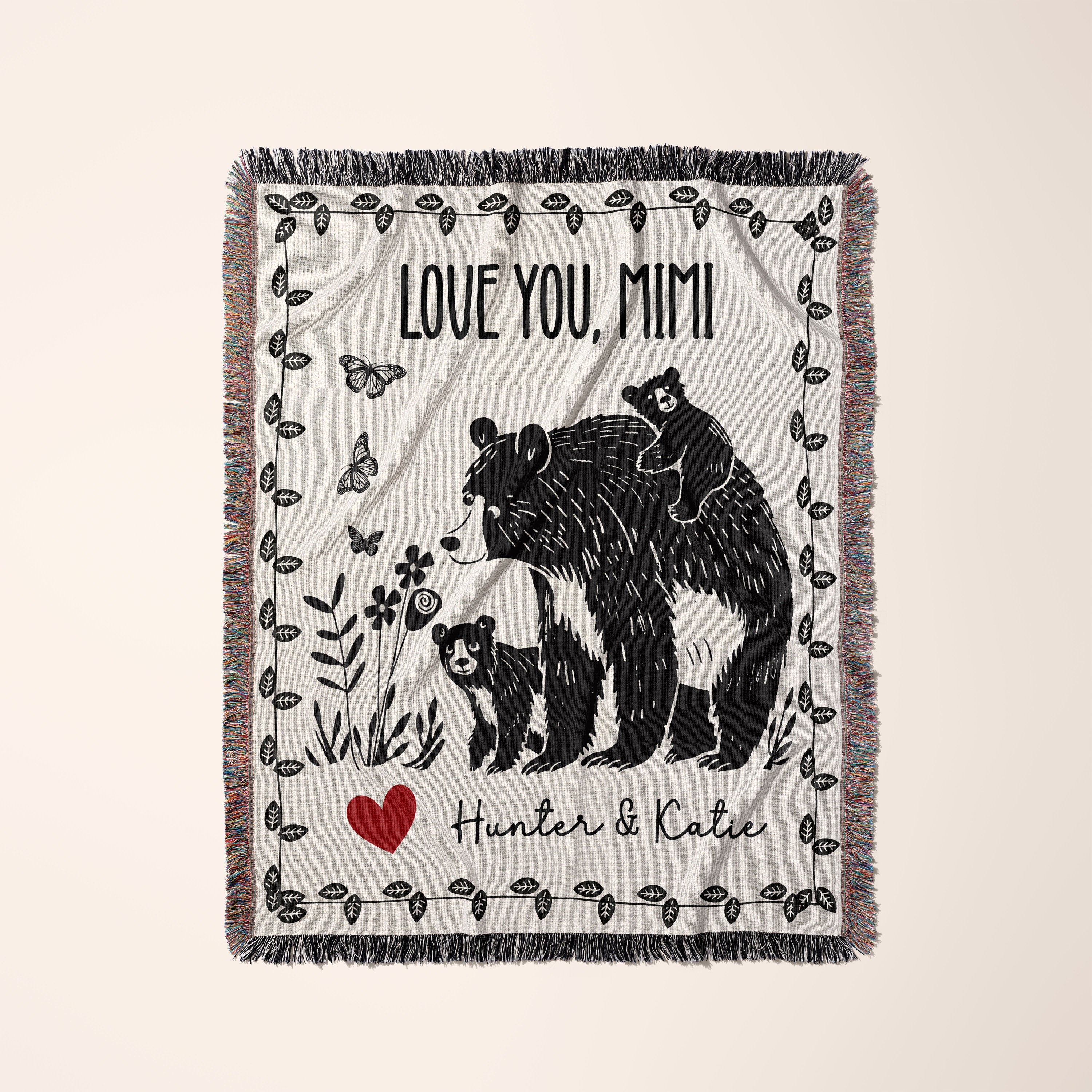Personalized Mama Bear Cub Blanket, Floral Butterfly Tapestry