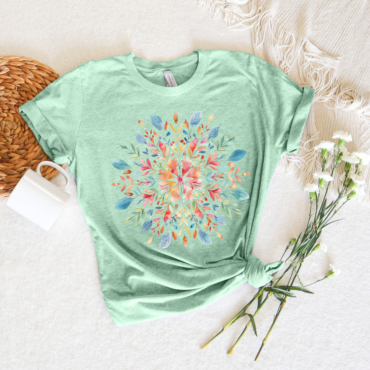 Boho Yoga Floral Mandala Shirt, Spiritual Gift for Her, Meditation Tshirt