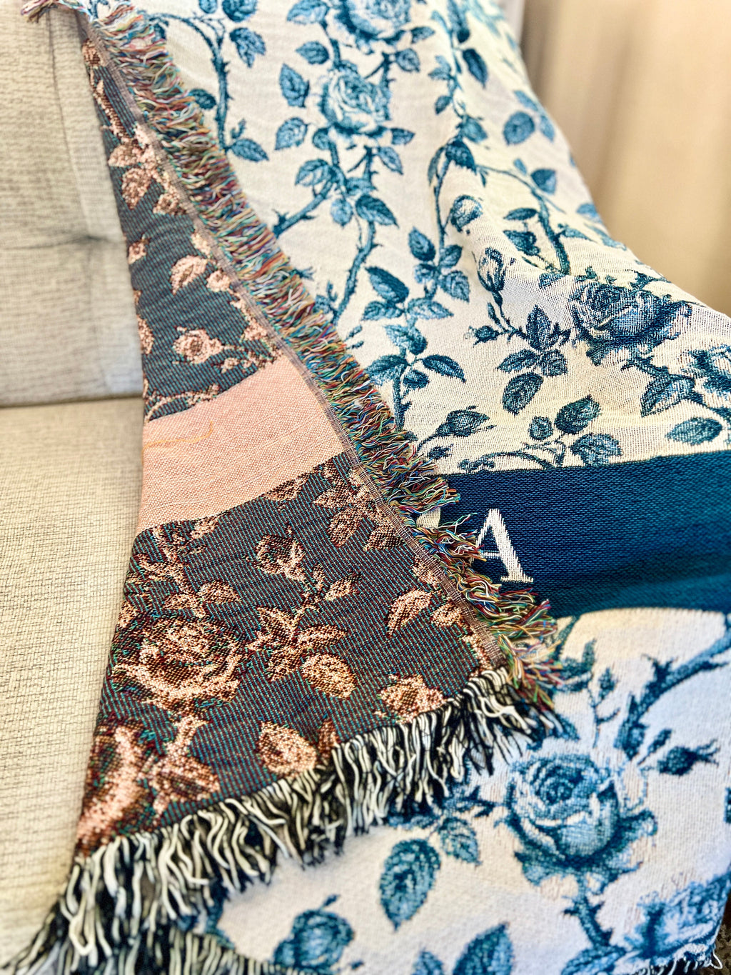 Blue Toile Throw Blanket Blue White Chinoiserie Floral Bedding Gift for Mom Wife Grandmother Traditional French Country Rococo Aesthetic