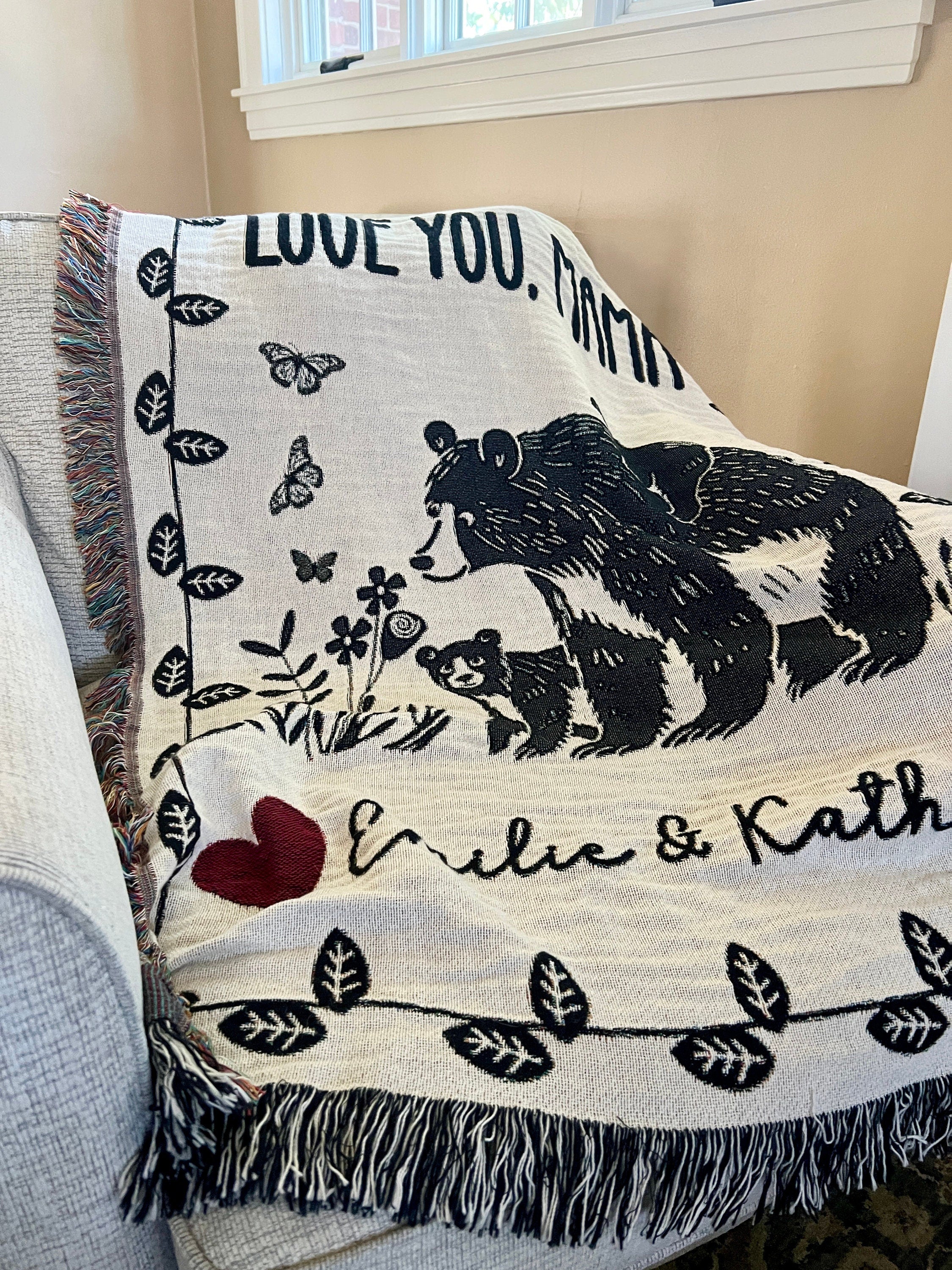 Personalized Mama Bear Cub Blanket, Floral Butterfly Tapestry