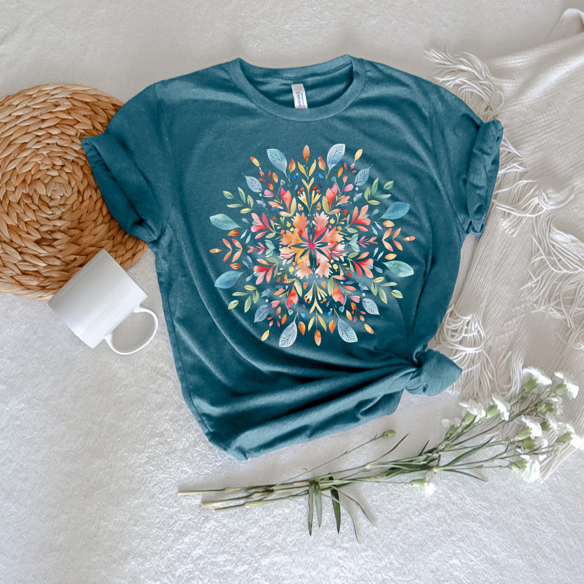 Boho Yoga Floral Mandala Shirt, Spiritual Gift for Her, Meditation Tshirt