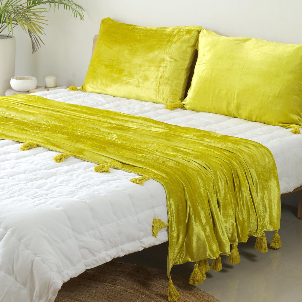Lemon Yellow Luxe Velvet Bedspread Velvet Throw Blanket With Handmade Knotted Tassels Soft Velvet Boho Sofa Throw Living Room Christmas Gift