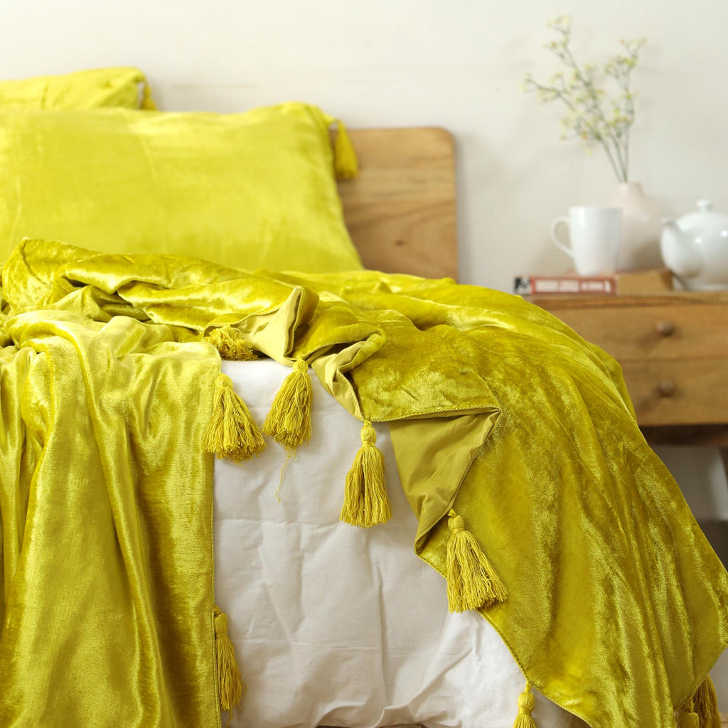 Lemon Yellow Luxe Velvet Bedspread Velvet Throw Blanket With Handmade Knotted Tassels Soft Velvet Boho Sofa Throw Living Room Christmas Gift