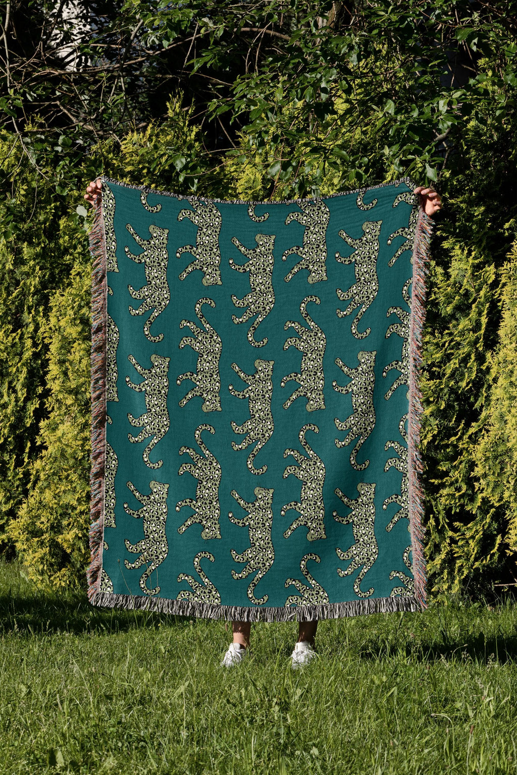 Cotton Woven Blanket, Leopard Parade, Olive on Teal, Jungle Cat Decor, Cheetah Throw, Safari Theme, Animal Print, Gift for Her, Fringe Throw