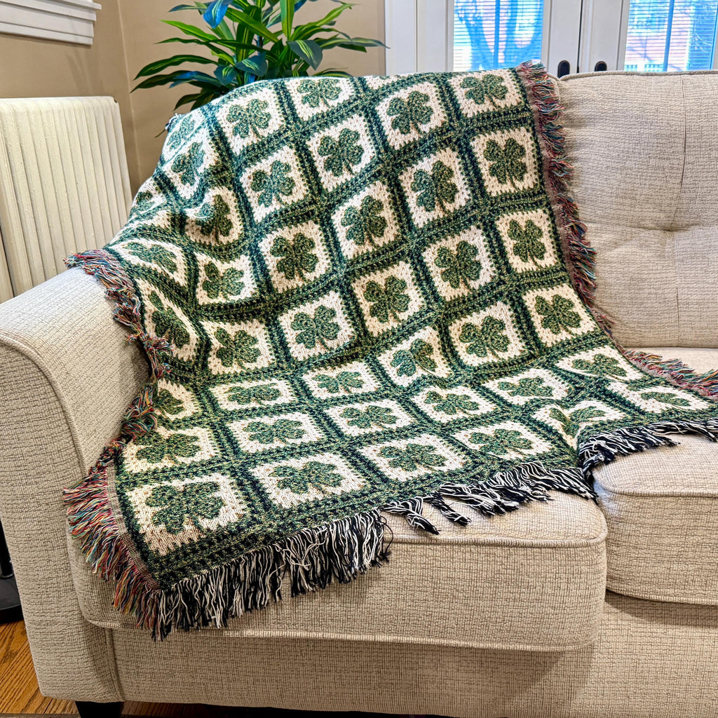 IRISH Throw Blanket Lucky 4 Leaf Clover Woven Cotton Blanket Rustic Cottagecore Room Decor, Shamrock Heirloom Quality Tapestry Wall Art