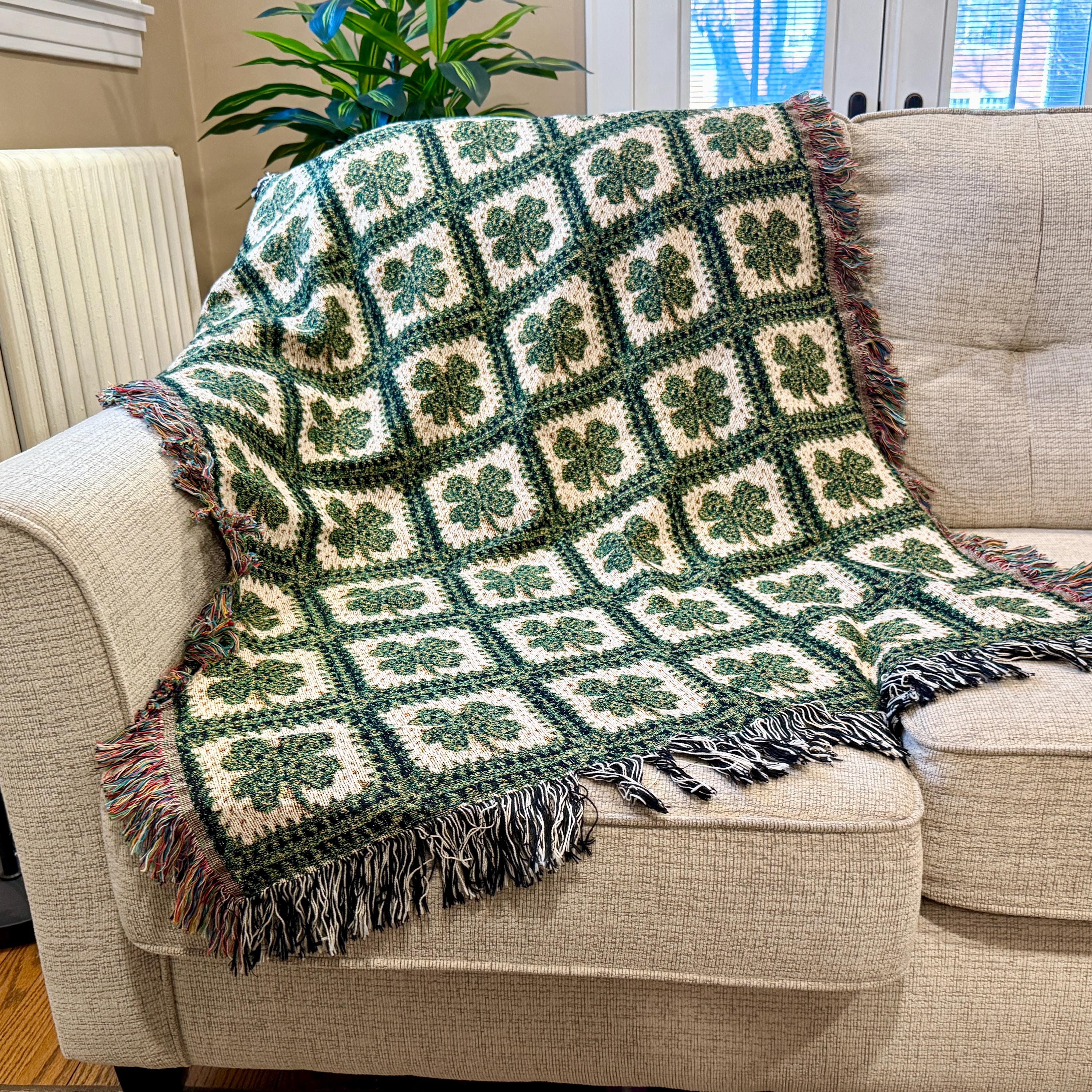 IRISH Throw Blanket Lucky 4 Leaf Clover Woven Cotton Blanket Rustic Cottagecore Room Decor, Shamrock Heirloom Quality Tapestry Wall Art